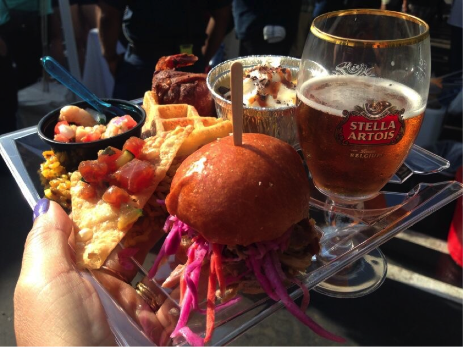 food and a beer on a tray