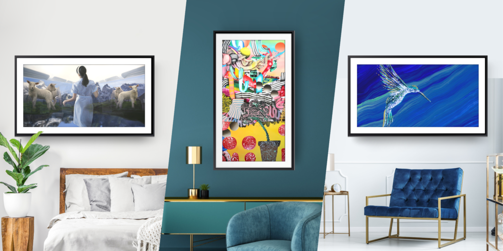 triptych of three living rooms with art pieces hung on the walls