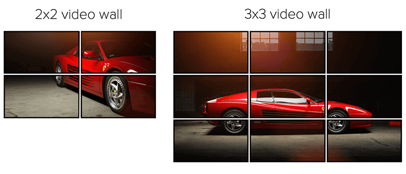Examples of a 2x2 and 3x3 video wall displaying a red car.