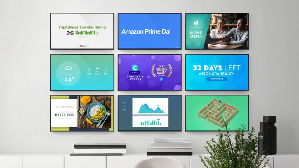 TV screens showing a variety of digital signage content creation tactics