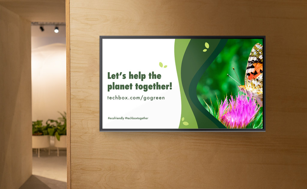 display in a workplace hallway with a message on the environment