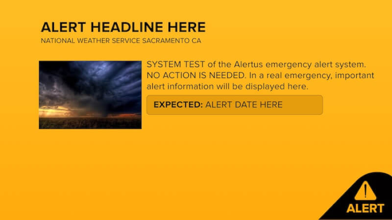 Emergency alert notification layout with sample text and image in Enplug software