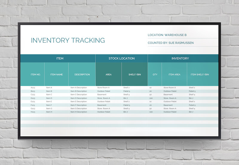 Excel file displayed on digital signage.