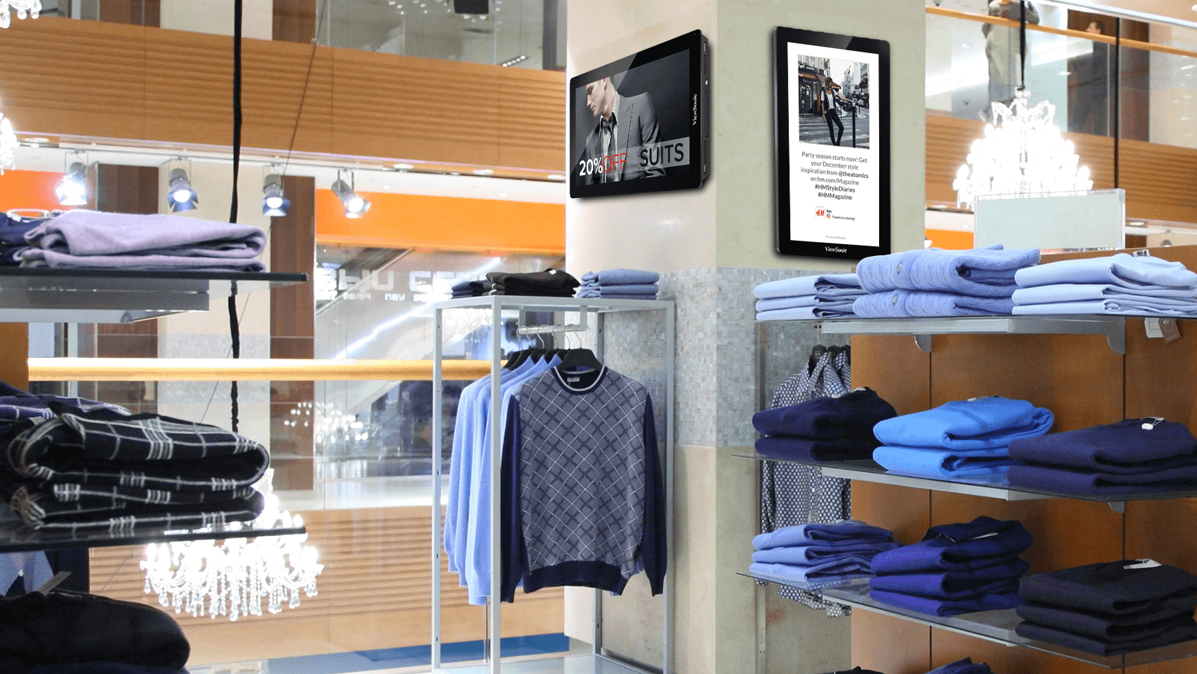 ViewSonic displays with Enplug's signage software showing a social media wall and a promotion in a retail clothing store.