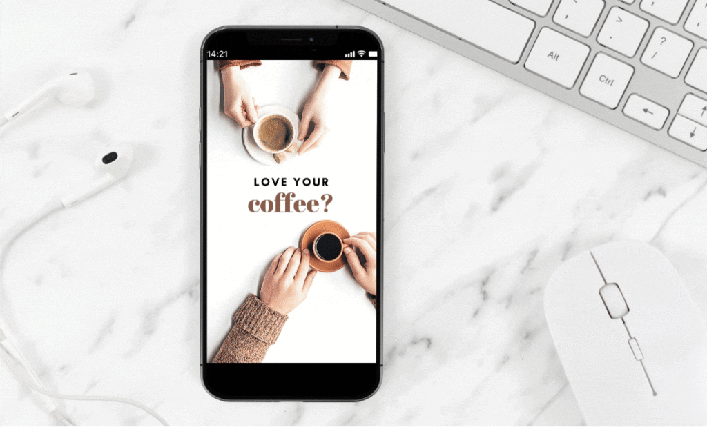 phone on a desk with an image of people having coffee and the text "love your coffee?"