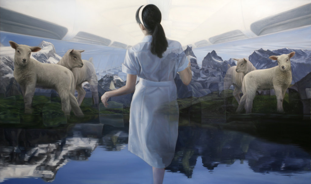 artwork of a woman in a lake valley with sheep overlaid
