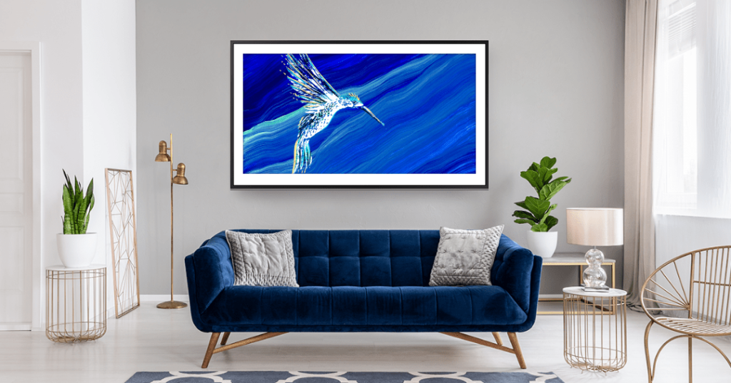 Artwork by Sharon Lee for Enplug Art on a living room smart TV