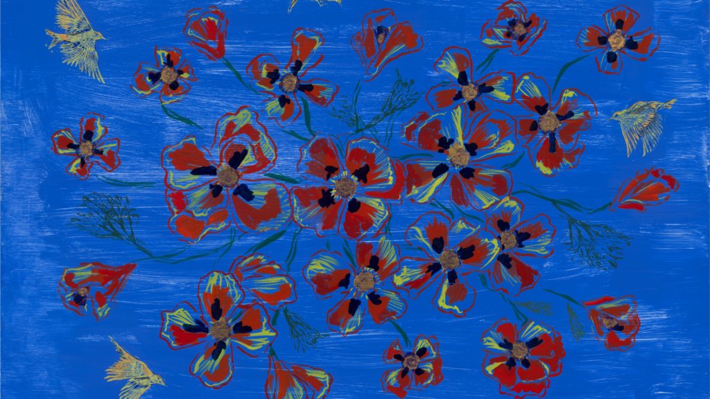 painting of red flowers on a blue canvas