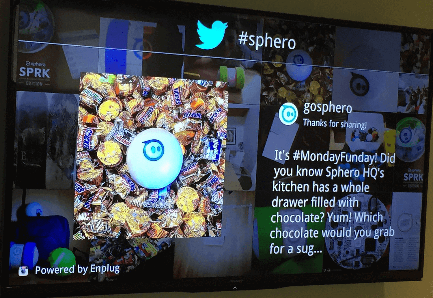 Enplug powers internal office communications at Sphero by showing customers' social media posts on live instagram walls in their offices.