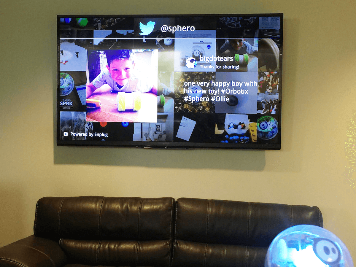 Sphero uses Enplug in their lobby for internal office communications with customers' social media walls, activation maps, and more.