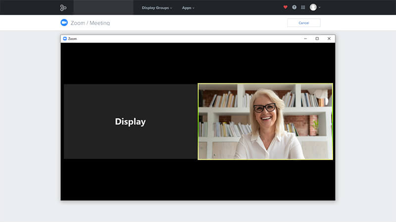 Screenshot showing active zoom video conference on Enplug digital signage platform