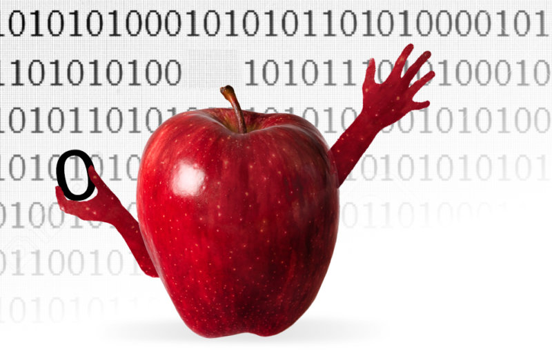 apple with a hand reaching out with binary code in the background