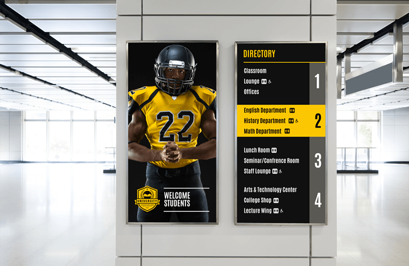 Football team-themed digital welcome sign and directory integrated into university campus AV system.