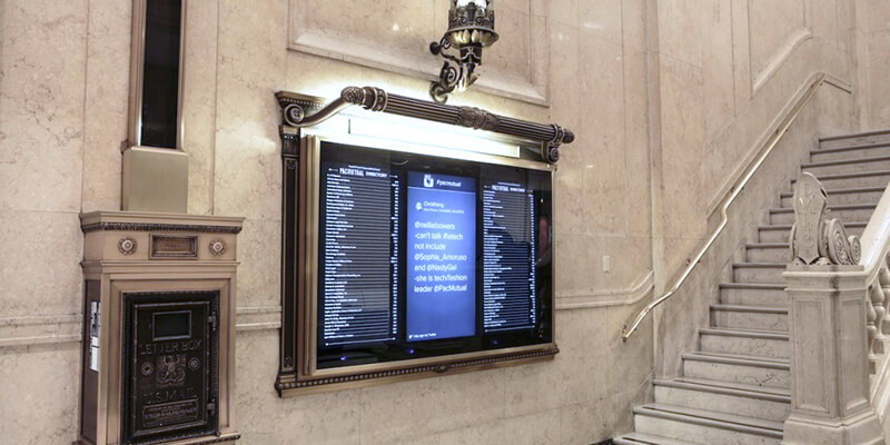 Digital directory powered by Enplug digital signage software in the PacMutual lobby.