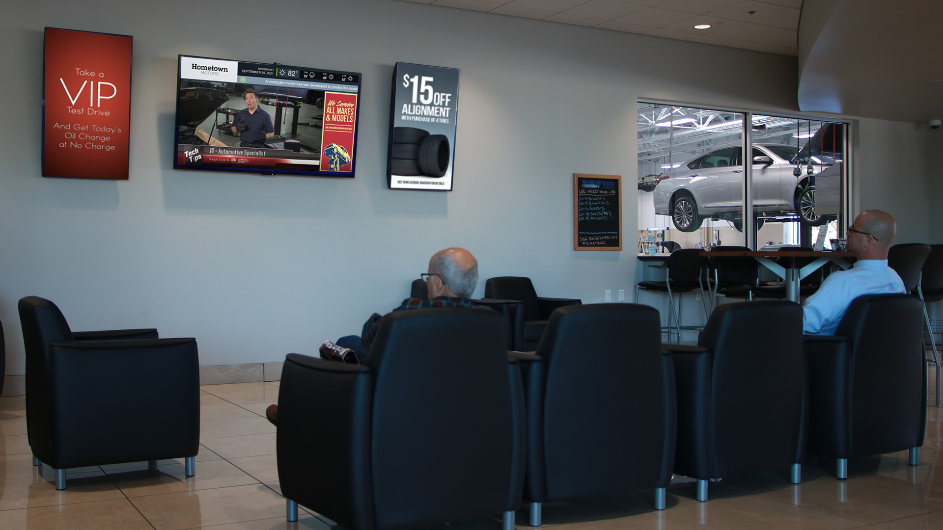 People in car deal waiting room