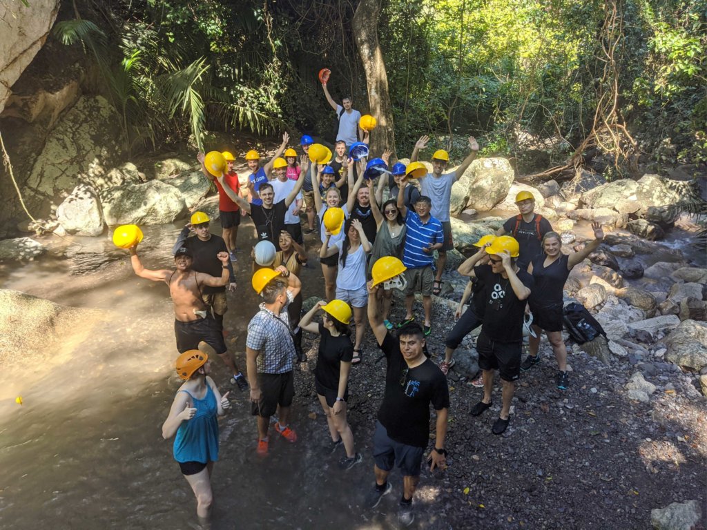 River hike with hard hats