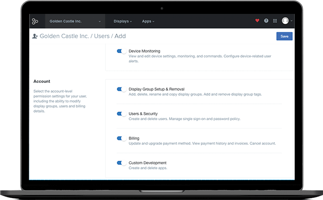 Account-based user permissions user interface