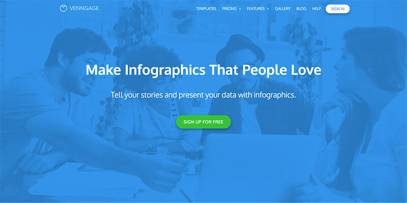 Venngage homepage with sign up button to create signage infographics
