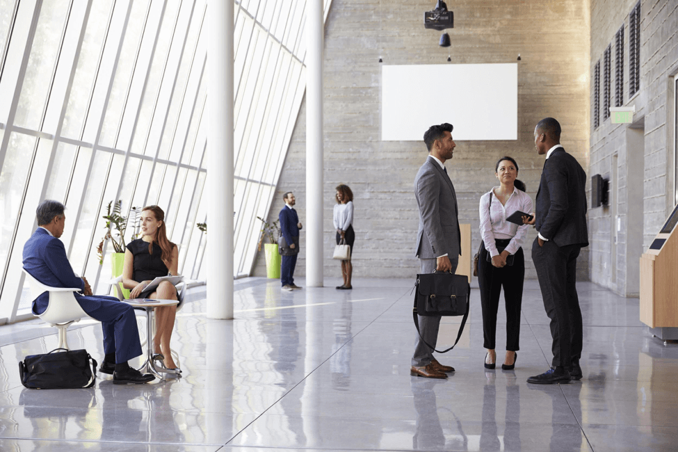 large workplace hall with open slylights