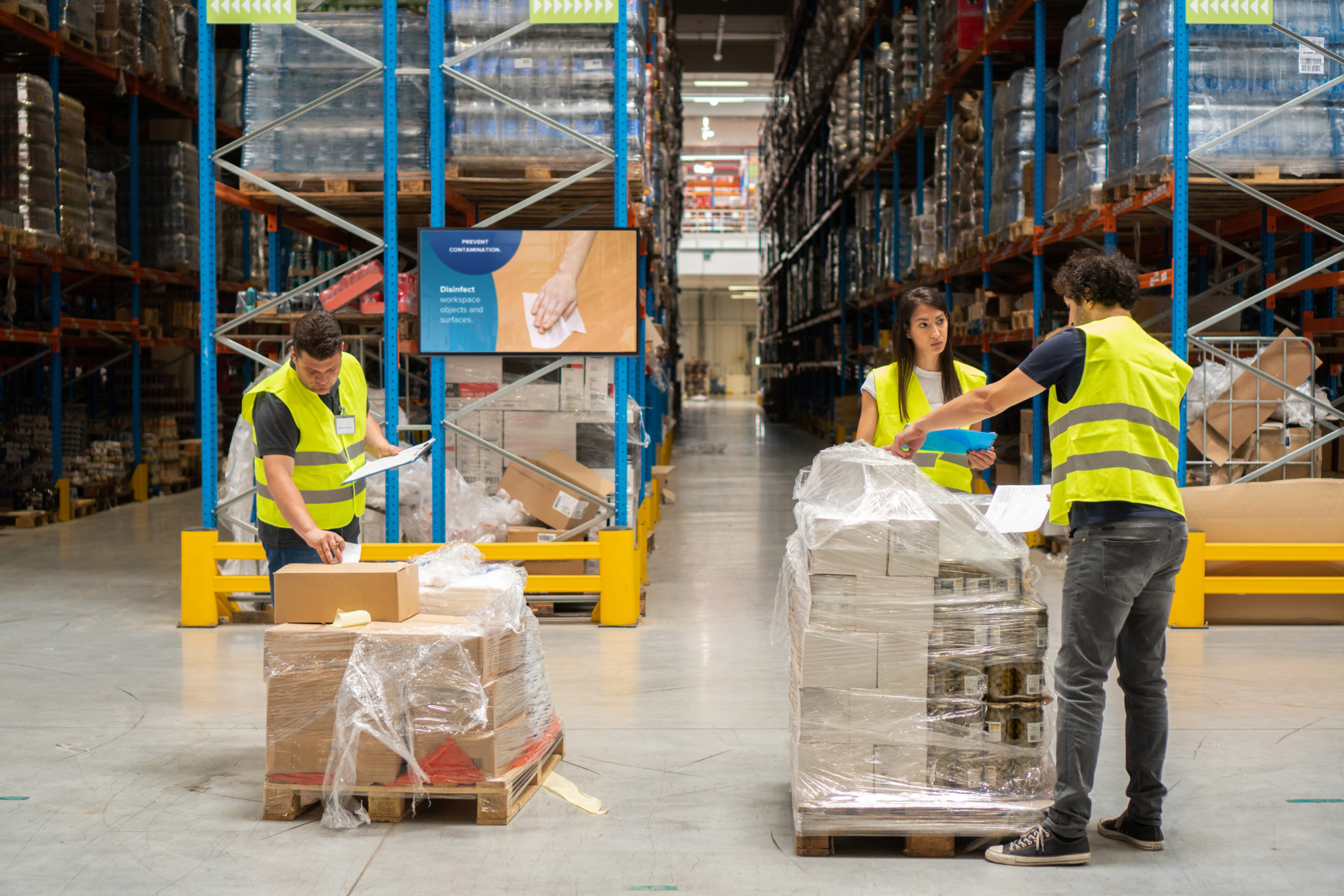 Manufacturing corporate communications on digital screen behind 3 employees in a warehouse