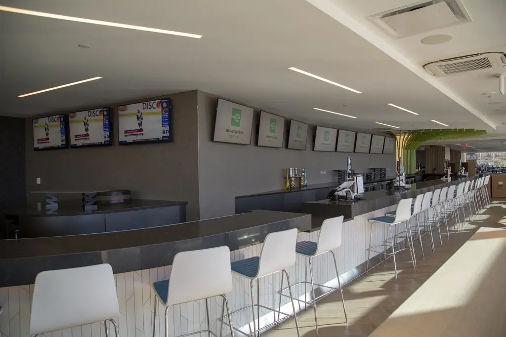 Interior of concessions with digital signage at enterprise center