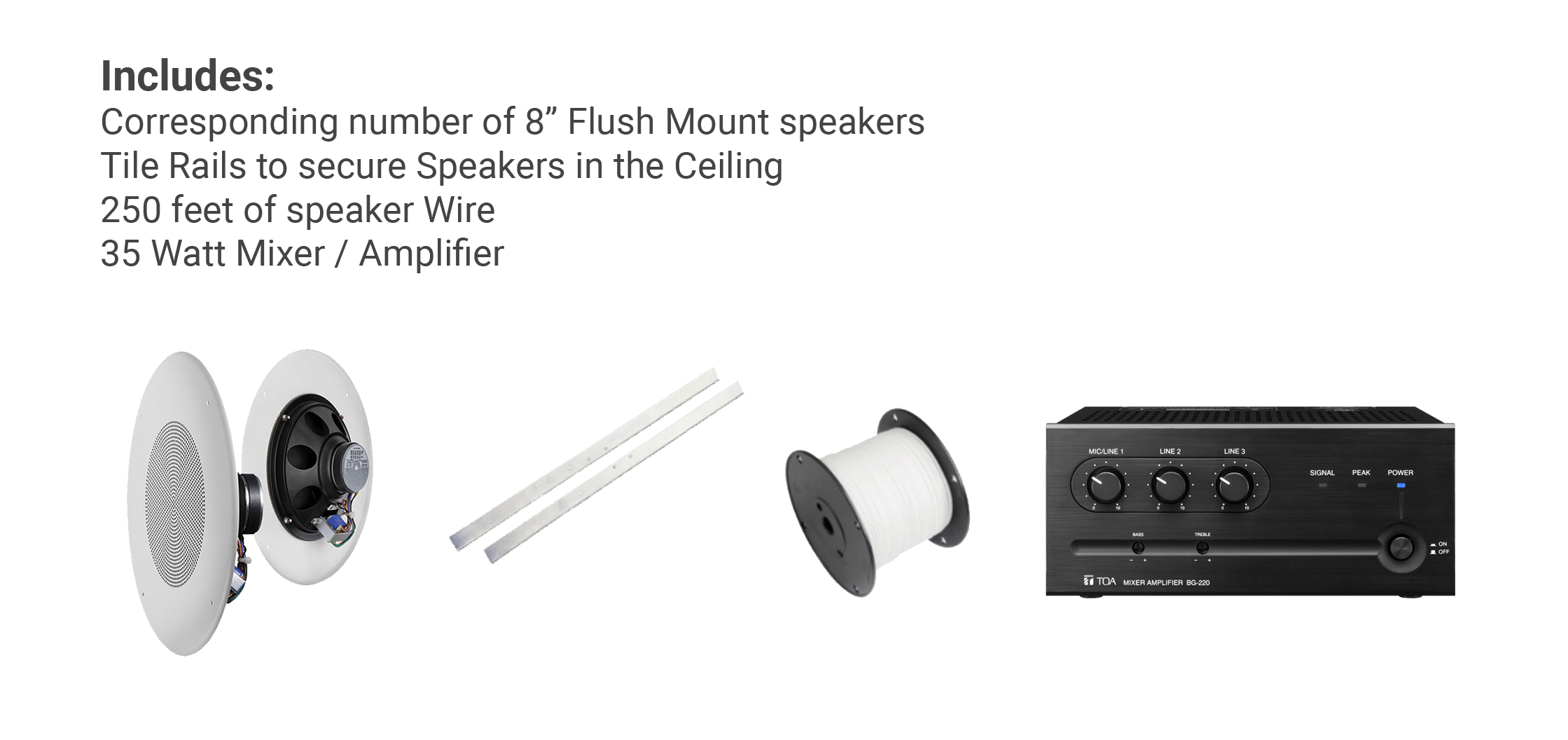 Package photo of speakers, wire, mounts, and amp