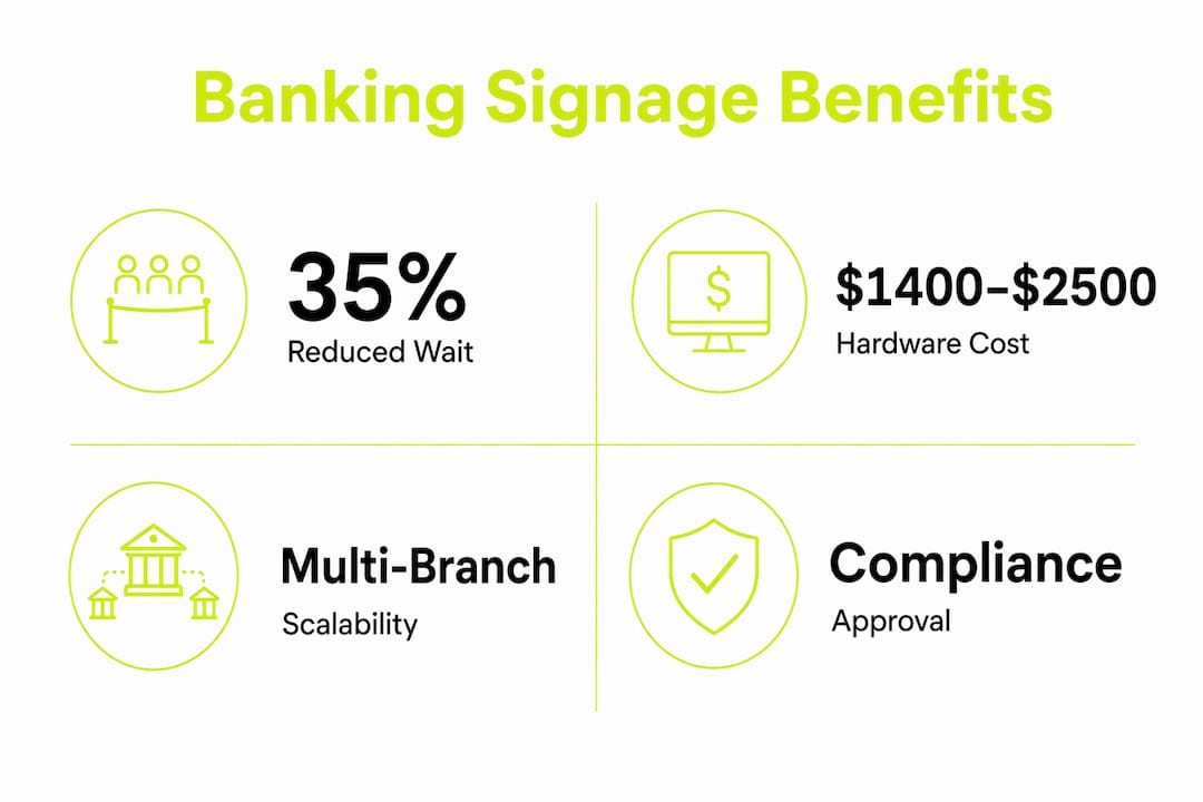 Infographic displaying key benefits and stats of digital signage in banking