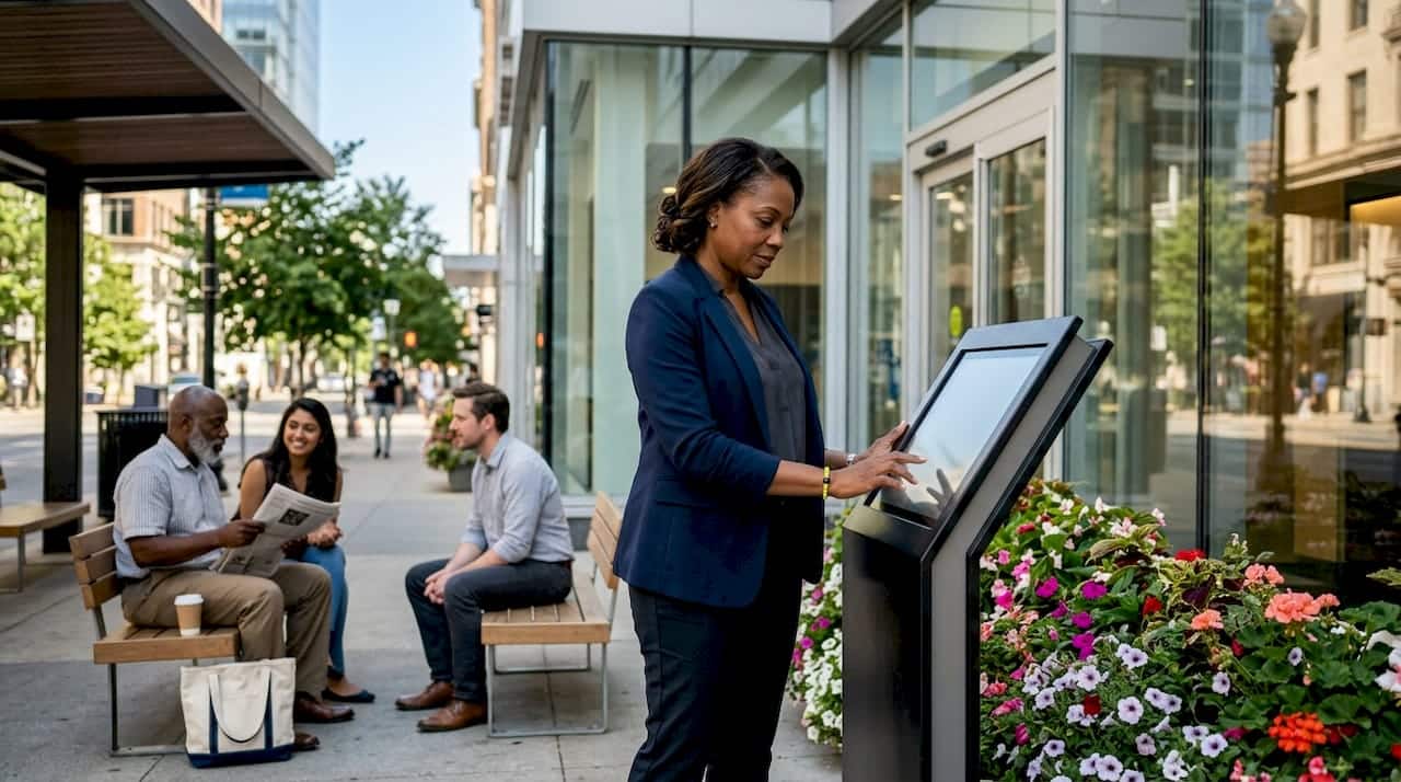 Bank manager adjusting digital signage in lobby