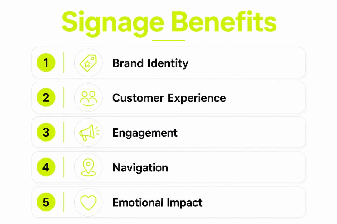 Infographic showing key signage benefits for branding and customer experience