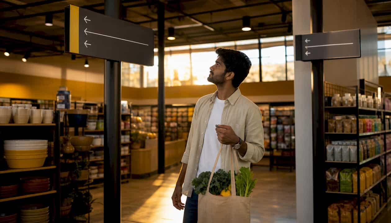 Customer consulting signage in retail store aisle