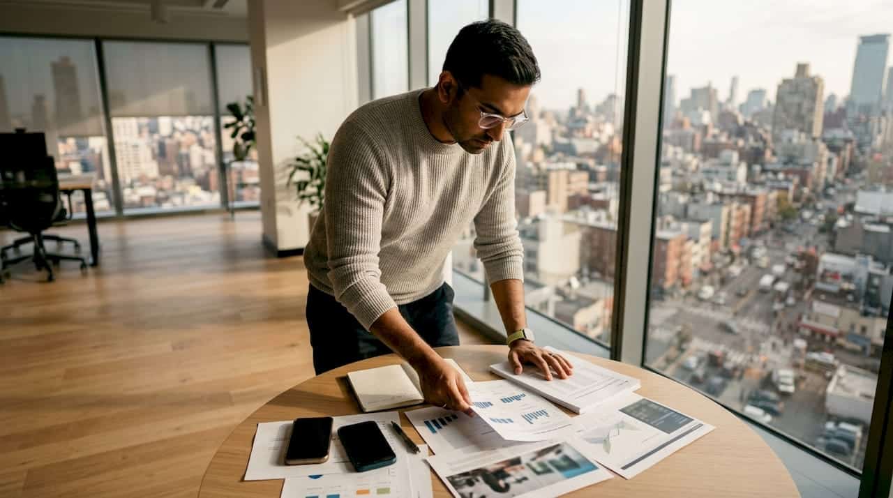 Marketing professional reviewing venue advertising data