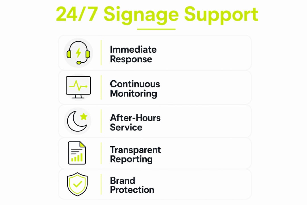 Infographic illustrating key benefits of 24/7 signage support