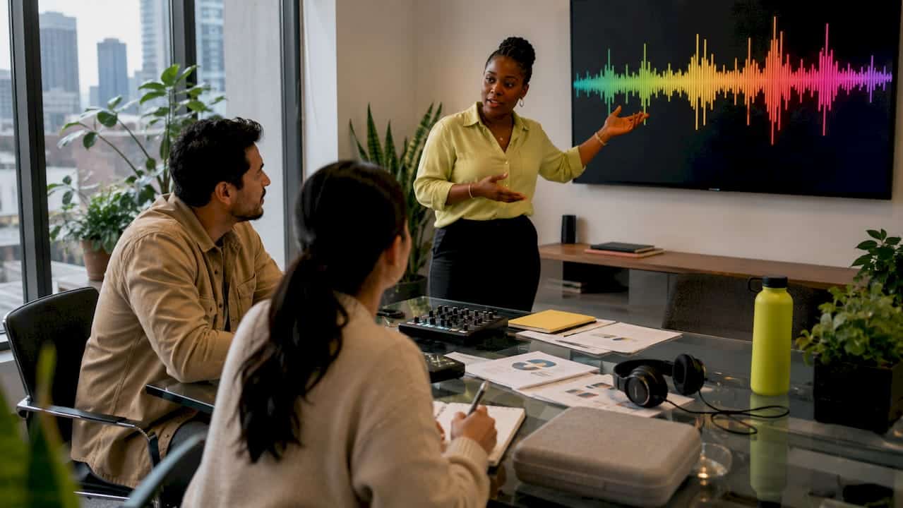 Marketing team planning sound branding strategy