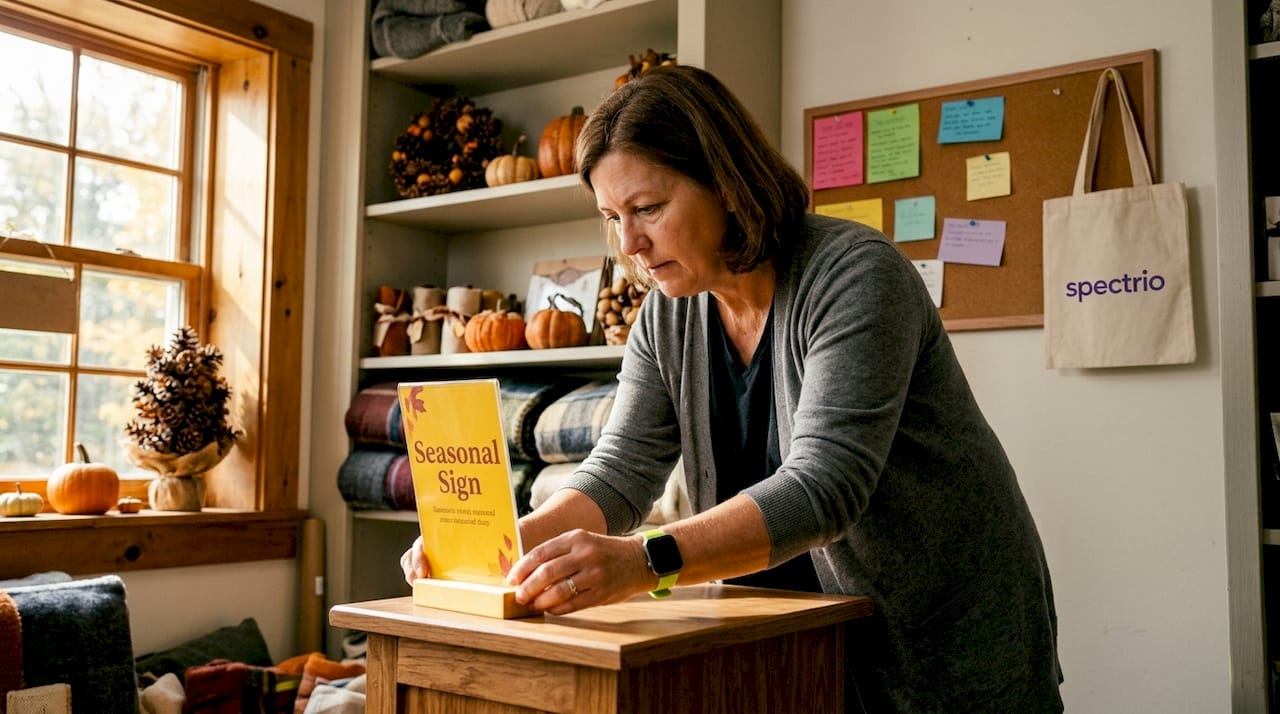 Store employee updating seasonal signage display