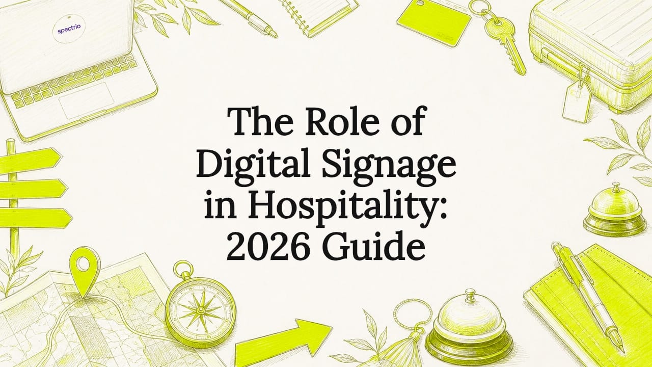 Decorative title card illustration with hospitality and signage elements