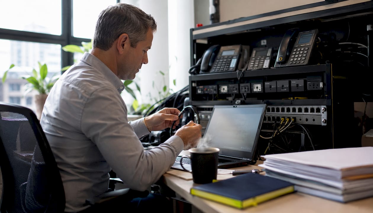 Technician managing phone audio equipment in server room