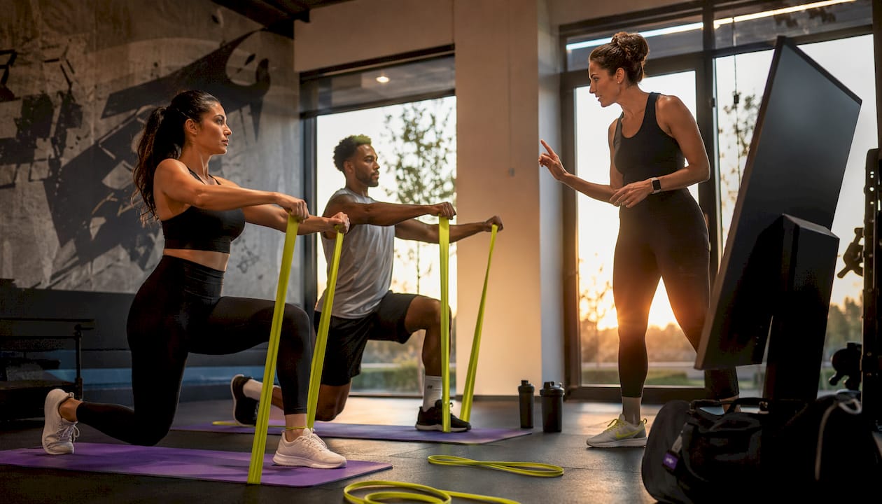 Gym coach instructing members near digital screen