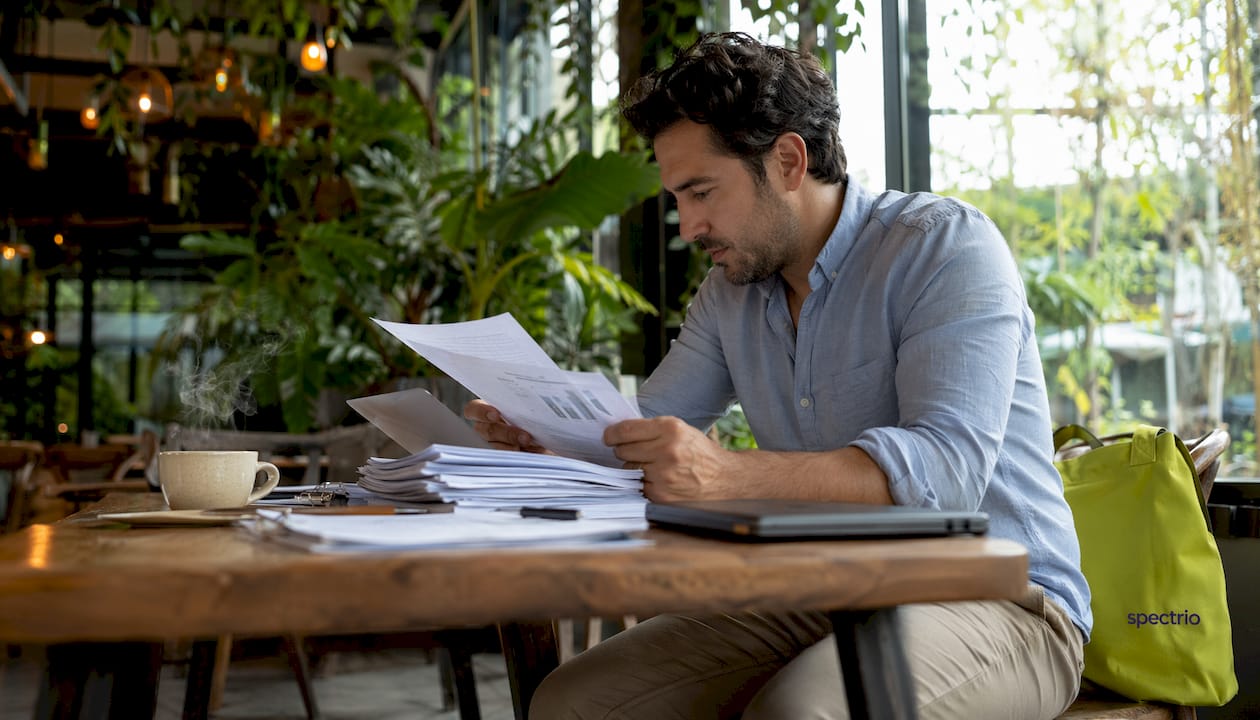 Venue manager analyzing sales reports at desk