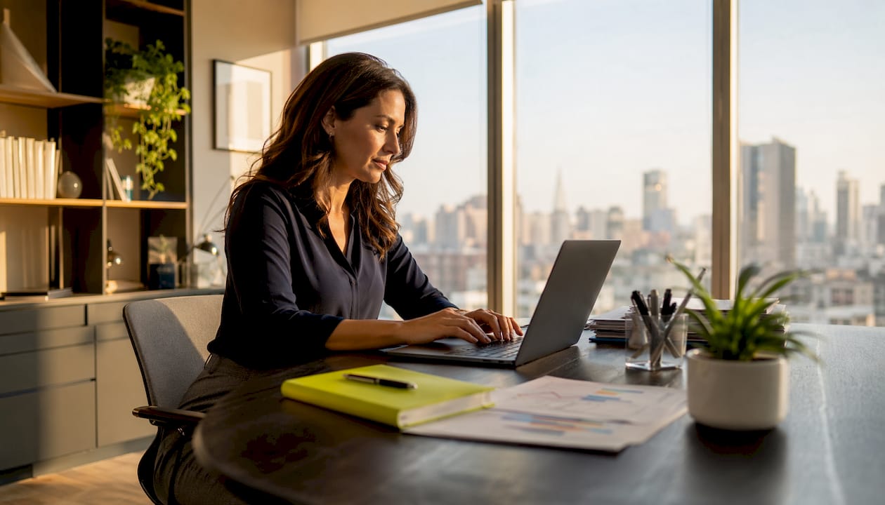Manager operating digital signage CMS in office