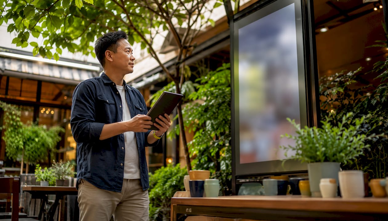 Man managing digital signage content on tablet in store